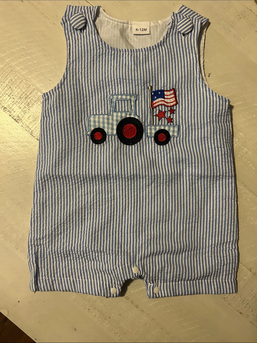 Blue & White Seersucker Baby Romper with Tractor & Flag